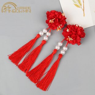 复古中国风女童汉服头饰红色唐装发饰流苏古风过新年饰品发夹宝宝