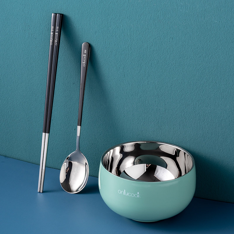 onlycook单人食品级不锈钢碗筷套装餐具儿童单个饭碗一人一碗一筷