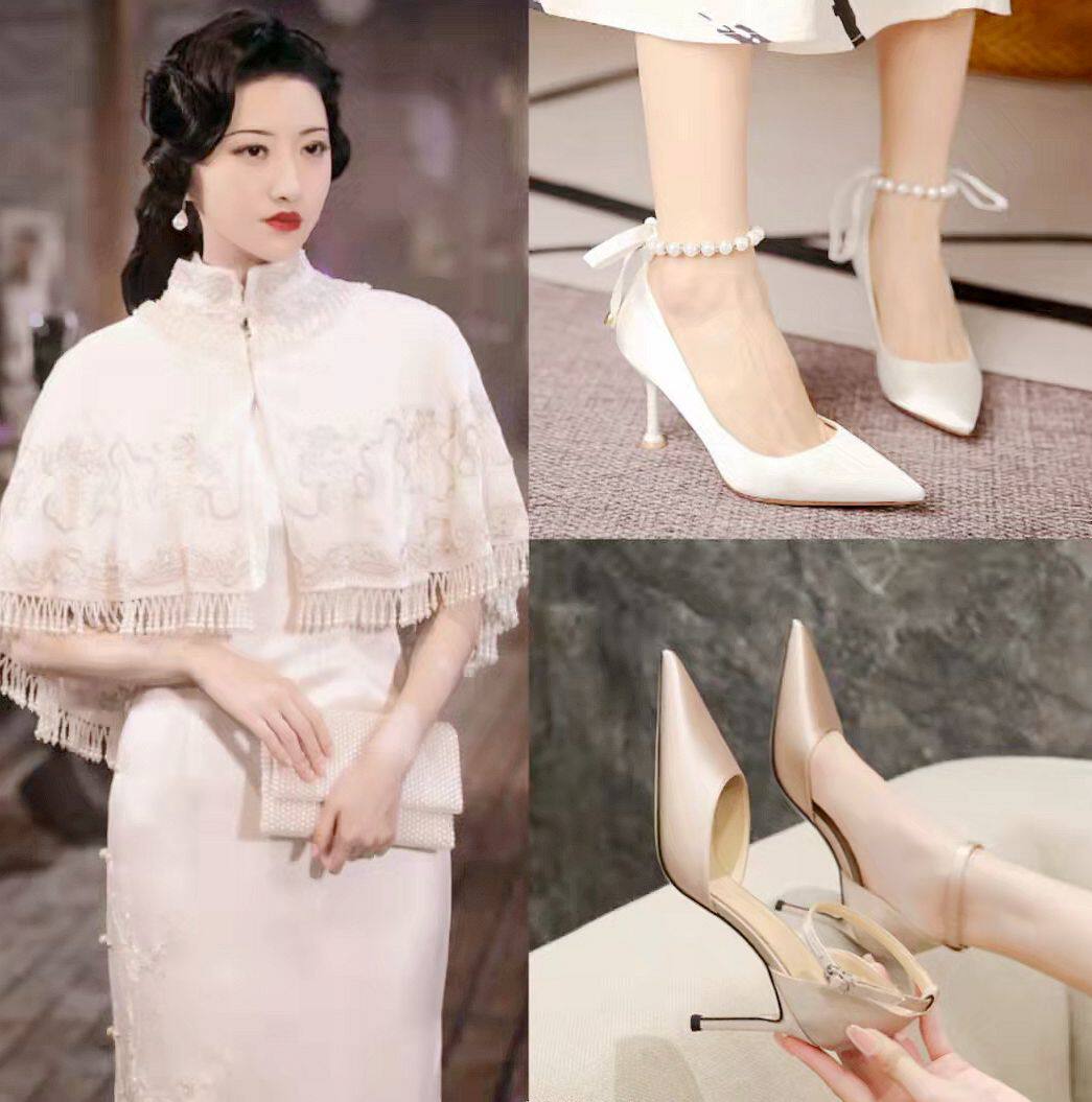 司藤景甜同款高跟鞋女细跟包头凉鞋尖头百搭单鞋搭配旗袍的鞋子夏