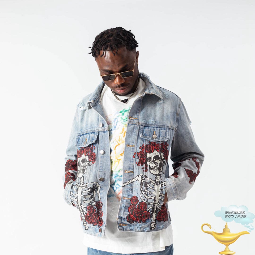 海外代购amiri 22春夏新款腰果花破洞高街修身牛仔衣夹克外套男装