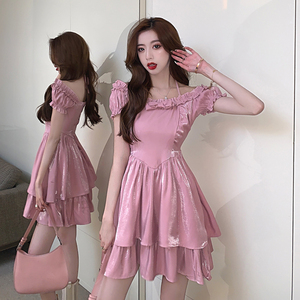 Straight neck Ruffle Trim slim high waist dress