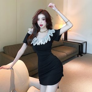 Lace stitching slim knit small black skirt short sleeve dress summer