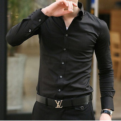 春季青年男士韩版修身型英伦衬衣常规黑色四季商务结婚长袖衬衫潮