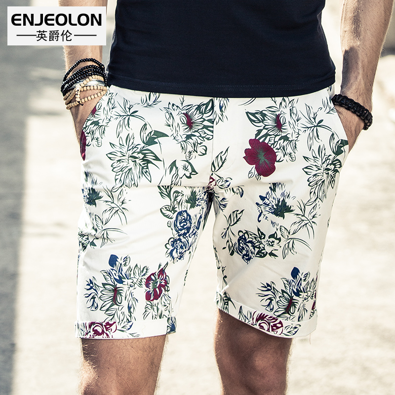 英爵倫 男士修身休閑短褲 五分褲植物花短褲 沙灘花印花圖案