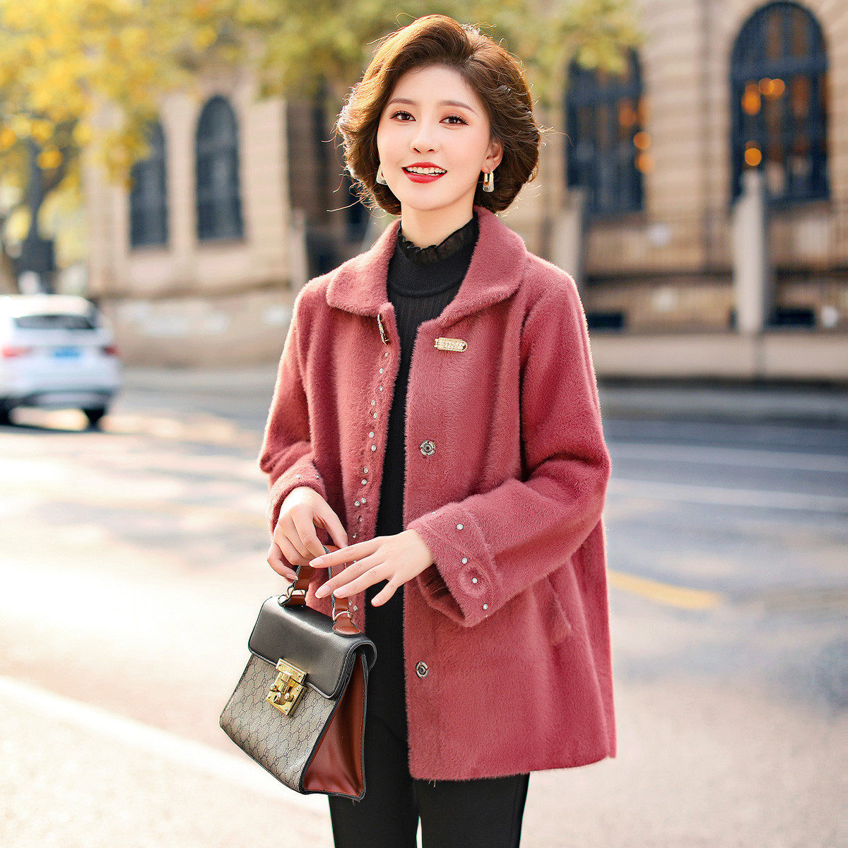 中长款休闲时尚妈妈装中老年女式格子毛呢大衣已售0￥719折后价￥719