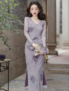 新中式复古水墨蝴蝶印花网纱连衣裙两件套春装新款修身显瘦裙子潮