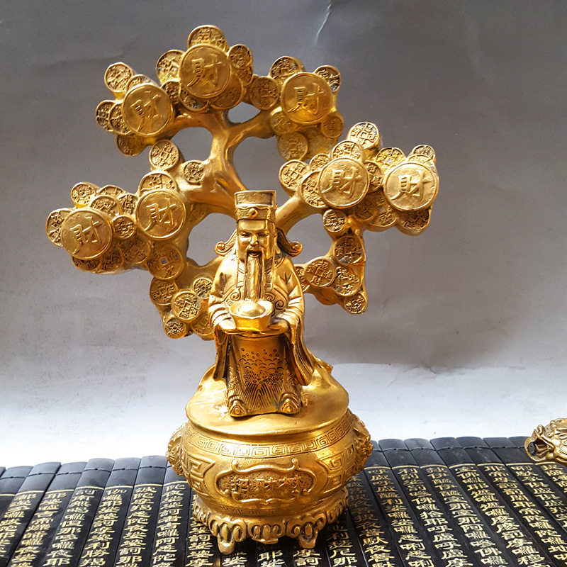 开光纯铜 文财神爷 招财摇钱树 风水铜器 工艺品 摆件精工铜器_不打折