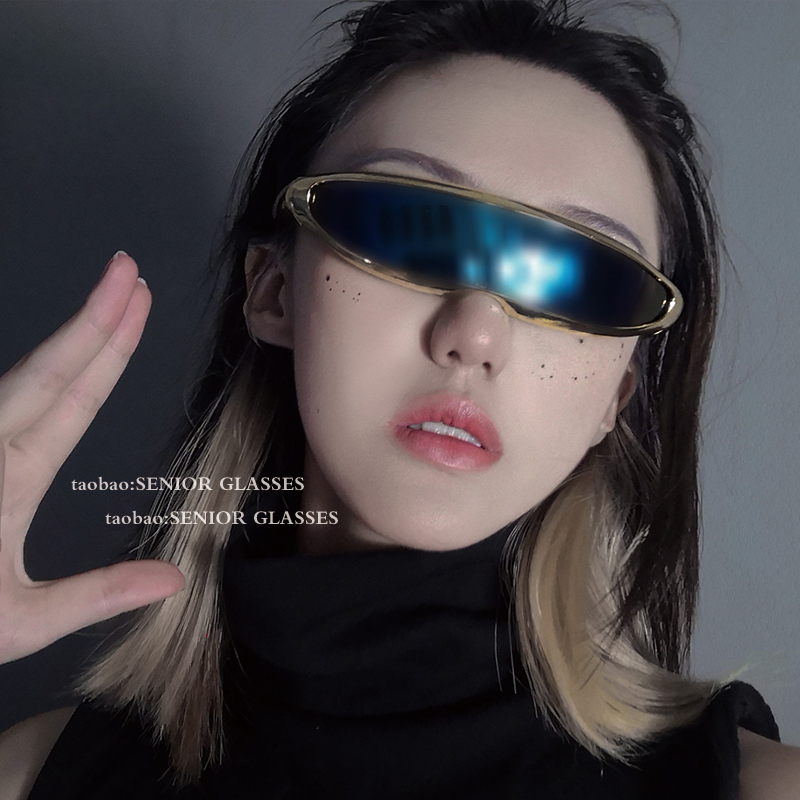 赛博朋克未来感长方形连体窄框墨镜ins潮男辣妹嘻哈镭射太阳眼镜
