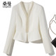 设计感珍珠V领长袖短外套女欧美修身复古气质高腰小西装白色新款