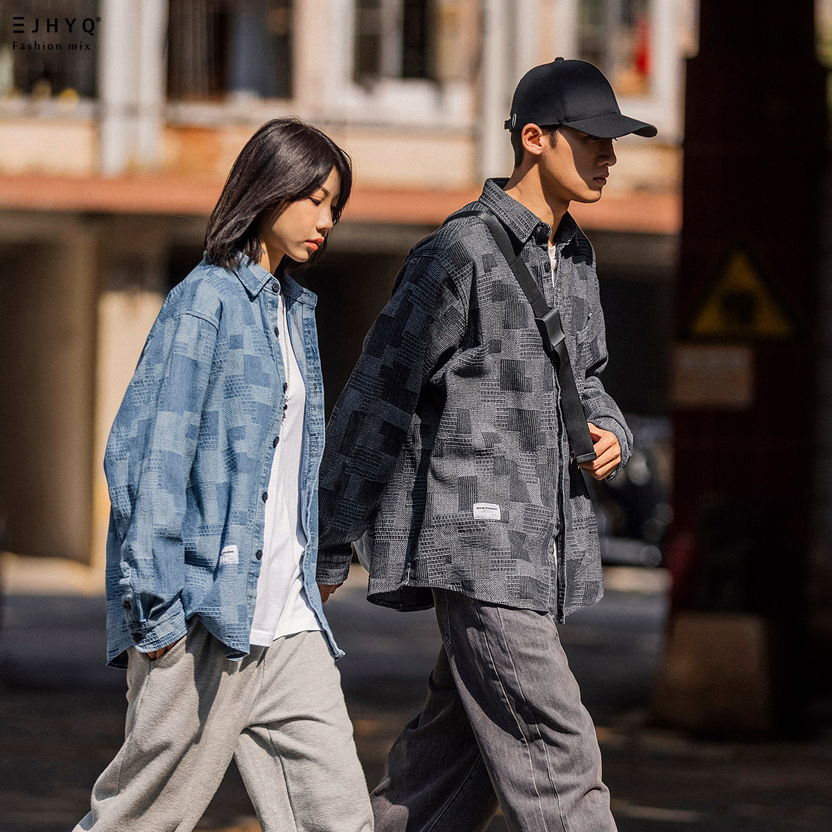 净化眼球春秋季复古格子衬衫男潮流宽松牛仔衬衣bf风工装休闲外套