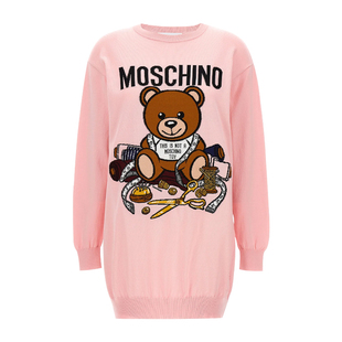 Moschino/莫斯奇诺 新款女士泰迪熊嵌花粉色针织长袖连衣裙V0488