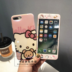 适用苹果11/XS max卡通kitty钢化膜iPhone7/8plus手机壳12膜加壳6