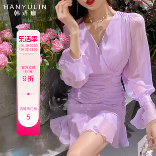 韩语琳新款年初秋高腰法式气质女装紫色荷叶边喇叭袖连衣裙子