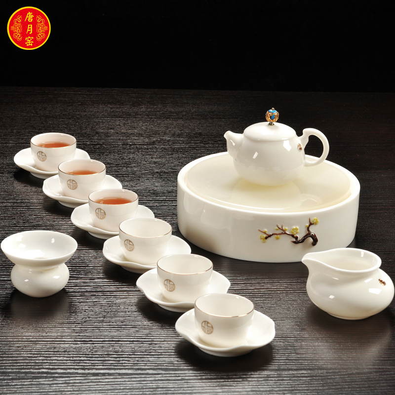唐月窑功夫茶具德化白瓷羊脂玉瓷手绘梅花盖碗茶杯茶壶干泡盘整套