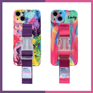 水彩手腕带适用于苹果15 14Pro max手机壳涂鸦iphone12 11小众创意支架防摔便携紫色