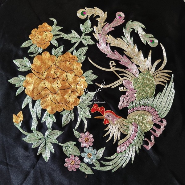 中式苏绣手工绣花复古刺绣老绣片花贴中式设计衣料盘金绣凤戏牡丹