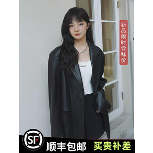 黑色皮衣西装外套女2024春秋新款高级感炸街韩版宽松小个子小西服