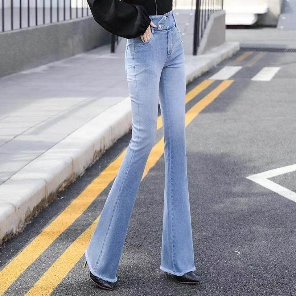 高腰微喇裤牛仔裤女2022年春季新款修身显瘦流苏坠感喇叭裤长裤子