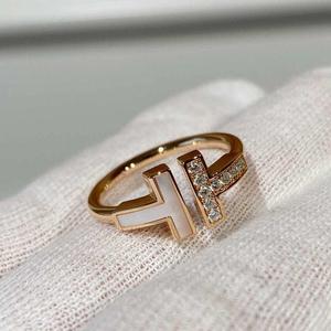 日本代购tiffany蒂芙尼戒指女双t开口线圈镶钻白贝母指环女友礼物