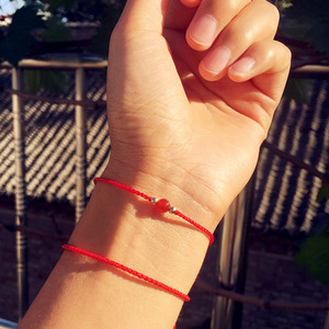 红绳手链14k包金珠极细玛瑙手绳脚链 月老姻缘线男女情侣礼物定制