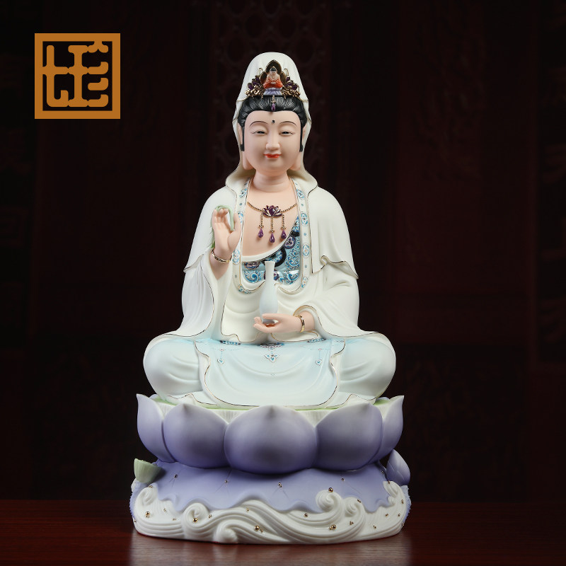 七珍陶瓷摆件19吋水莲观音蓝衣彩观世音菩萨佛像居家用供奉