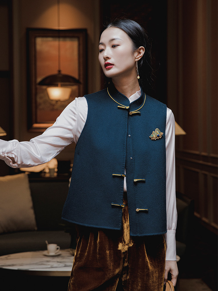 介面原创设计新中式民族风多色双面呢立领高端羊毛外搭短款马甲女