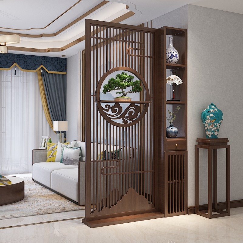 木质屏风隔断客厅新中式隔断柜简约现代实木玄关柜家用遮挡置物架