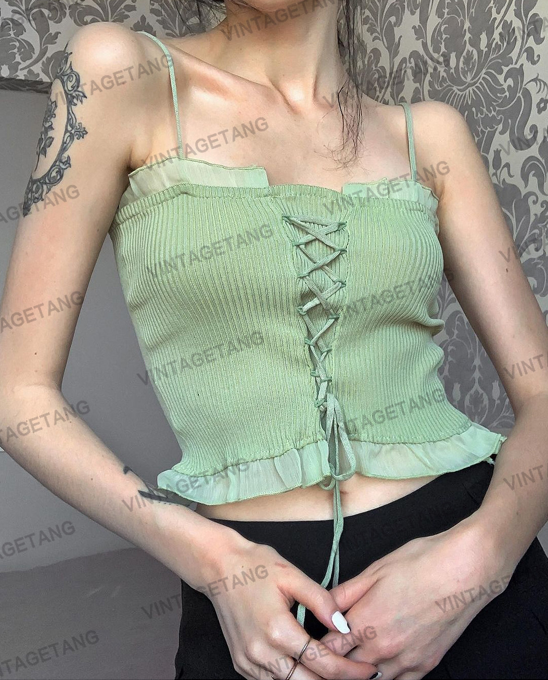 vintagetang美式复古绿色绑带修身辣妹吊带背心女夏设计感嘉雫壹