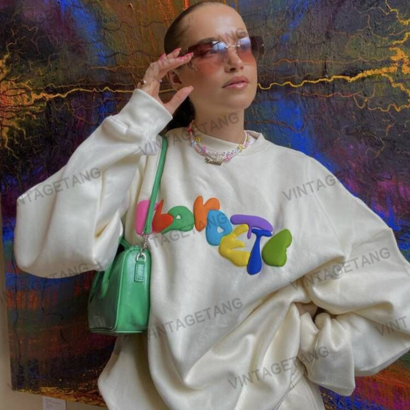 vintagetang美式复古米白色气泡字母圆领套头卫衣女休闲套装婋壹