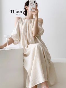 Theory wella 米白色挂脖漏肩连衣裙女夏长款挖肩露肩长袖长裙子