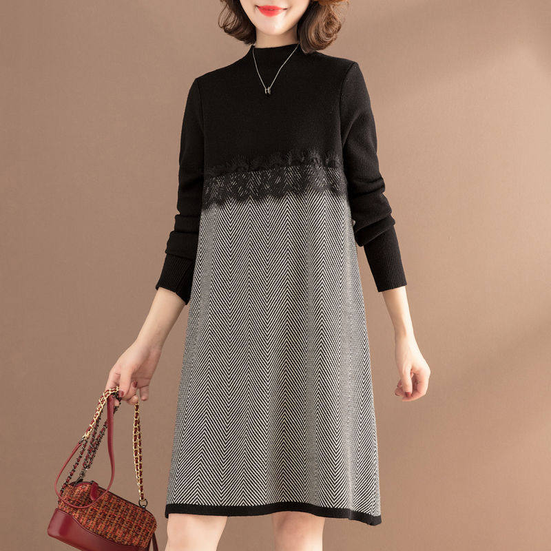 大码女装京东购物商城高端轻奢针织连衣裙女秋冬拼接时尚显瘦裙子