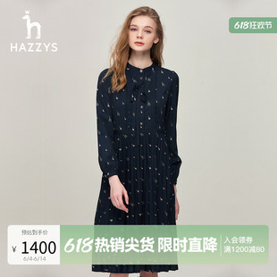 Hazzys哈吉斯雪纺印花连衣裙女士休闲通勤时尚英伦风春秋长袖裙子