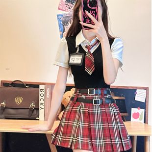 美式甜辣妹学院风套装女夏季jk制服针织假两件上衣半身裙子两件套