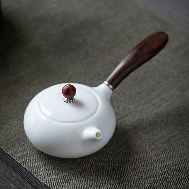 羊脂玉瓷木把侧把壶家用手工白瓷茶壶简约功夫茶具手柄泡茶壶