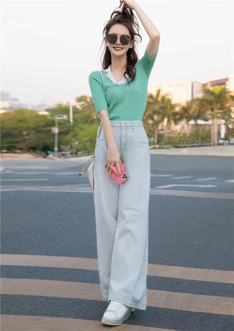 浅蓝色牛仔拖地裤女高腰直筒垂感2021年新款阔腿裤宽松显瘦春秋