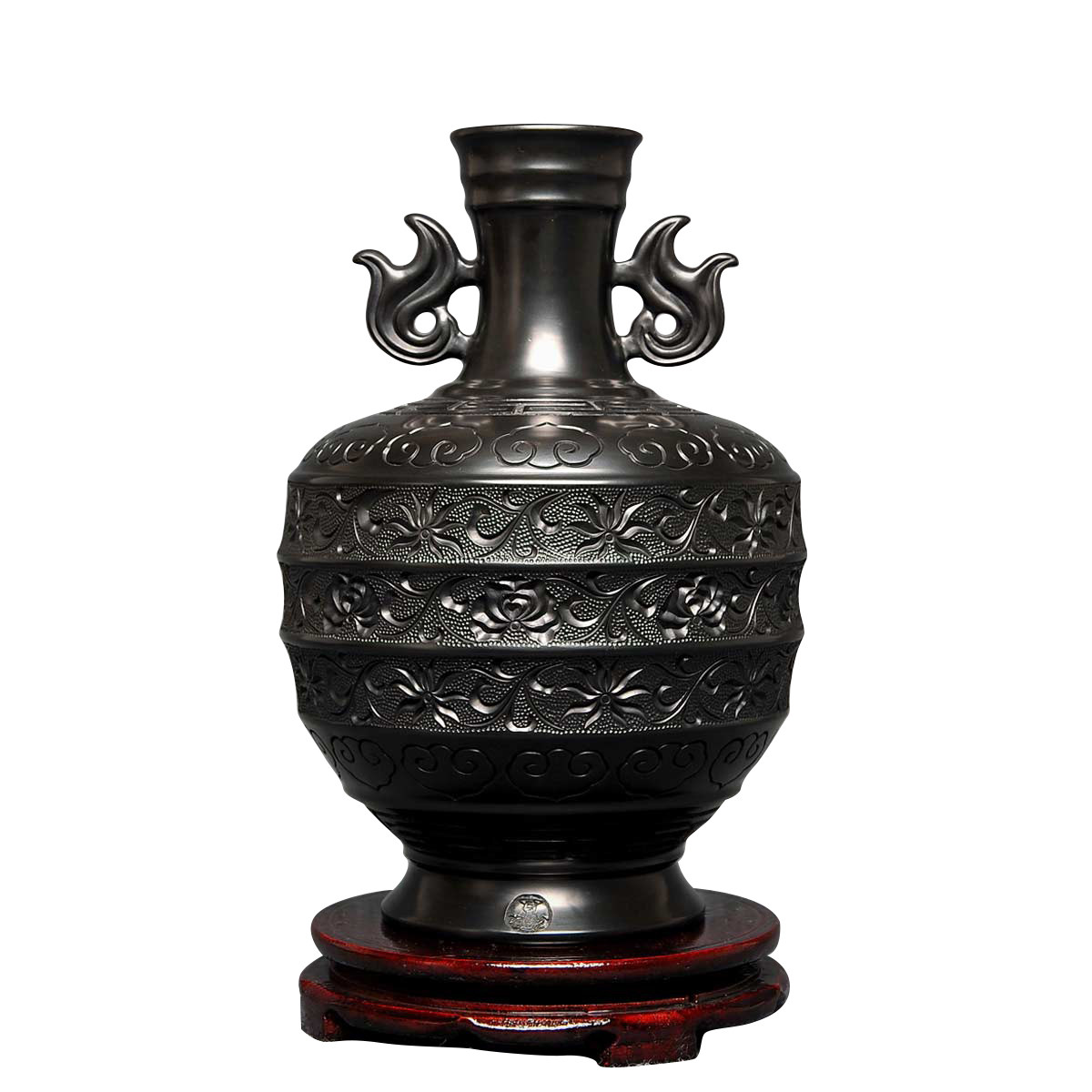 中国黑陶工艺美术大师 刘德功 手工雕刻作品《双耳陶双耳》