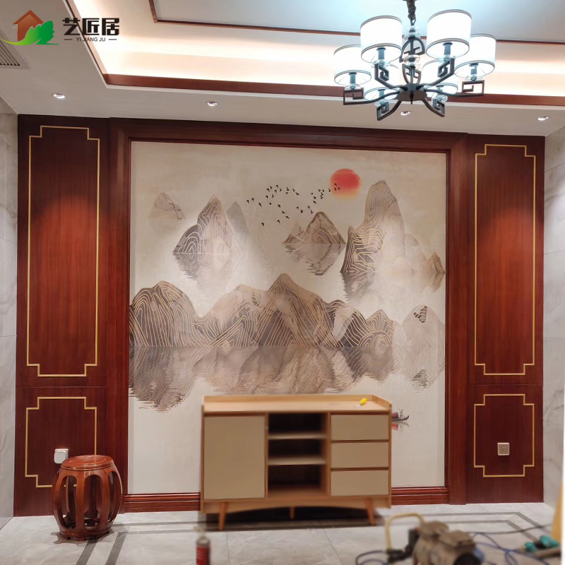 艺匠居新中式护墙板美式客厅实木电视背景墙金属条全屋定制护墙板