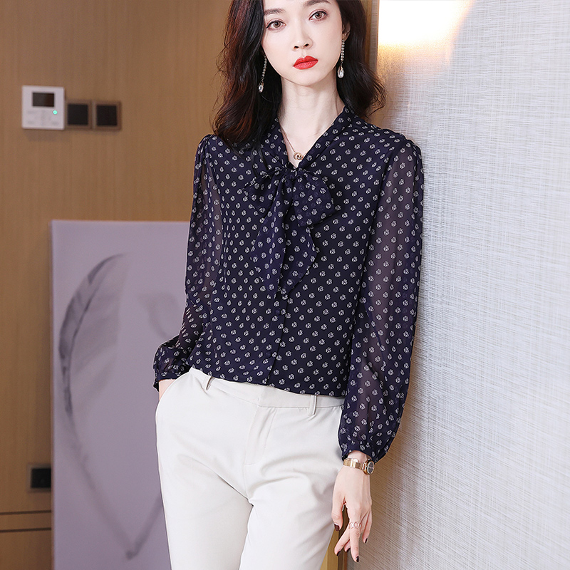 飘带真丝长袖衬衫女