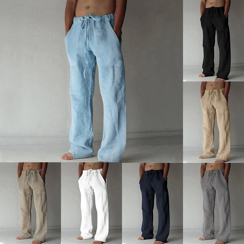 速卖通热卖欧美新款男士长裤休闲纯色薄款亚麻男裤Men's pants。