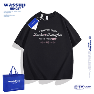 WASSUP HINGE美式潮牌复古字母基础款短袖T恤男女装夏季纯棉体恤