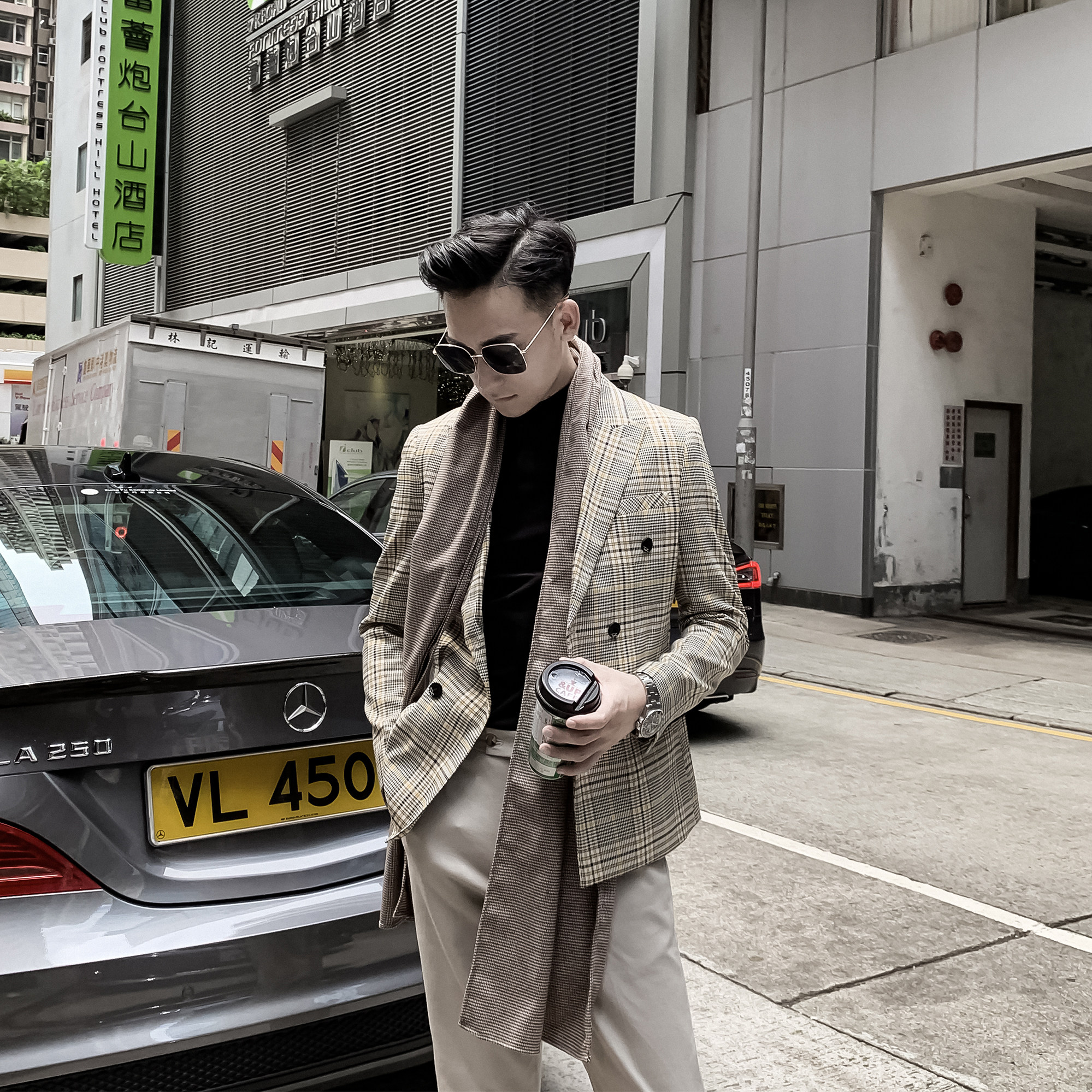 西装男双排扣_【daio mens】韩国男双排扣千鸟格西装格纹修身单西外套