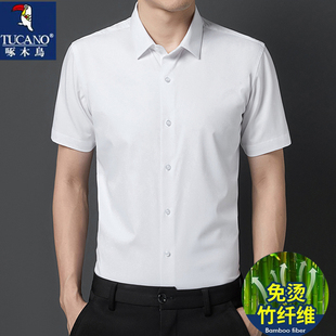 啄木鸟短袖衬衫男冰丝免烫商务职业工装夏季薄款竹纤维男士白衬衣