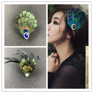 孔雀羽毛发夹头饰 水钻宝石晚宴高档发饰 手工复古发卡边夹