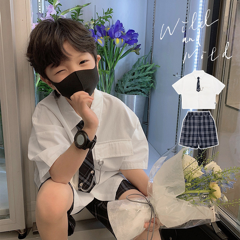 辰辰妈童装夏季男童jk学院风帅气两件套儿童白色衬衫裤子短裤套装