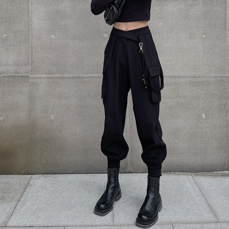 2022新款加绒加厚束脚配马丁靴休闲裤工装裤女秋冬季显瘦高腰裤子