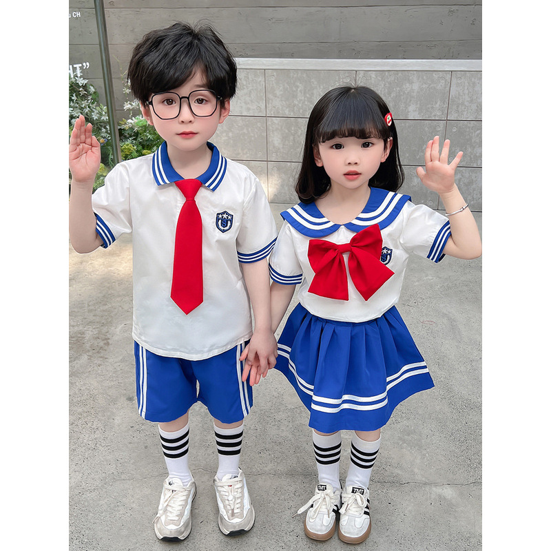 男女童夏季装套装女孩六一表演新款韩版学院风两件套姐弟装儿童装