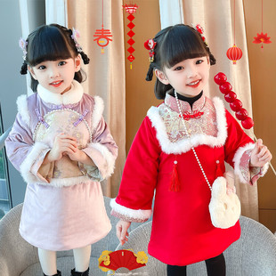 2022新款冬兔年汉服女宝拜年服小女孩红色加绒加厚旗袍唐装中国风