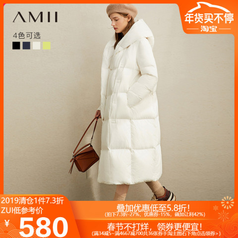 Amii时尚爆款黑色羽绒服女2019冬新款加厚长款过膝白色面包服外套