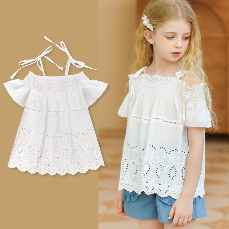女童一字肩上衣夏季 儿童中大童甜美露肩白短袖镂空刺绣t恤娃娃衫