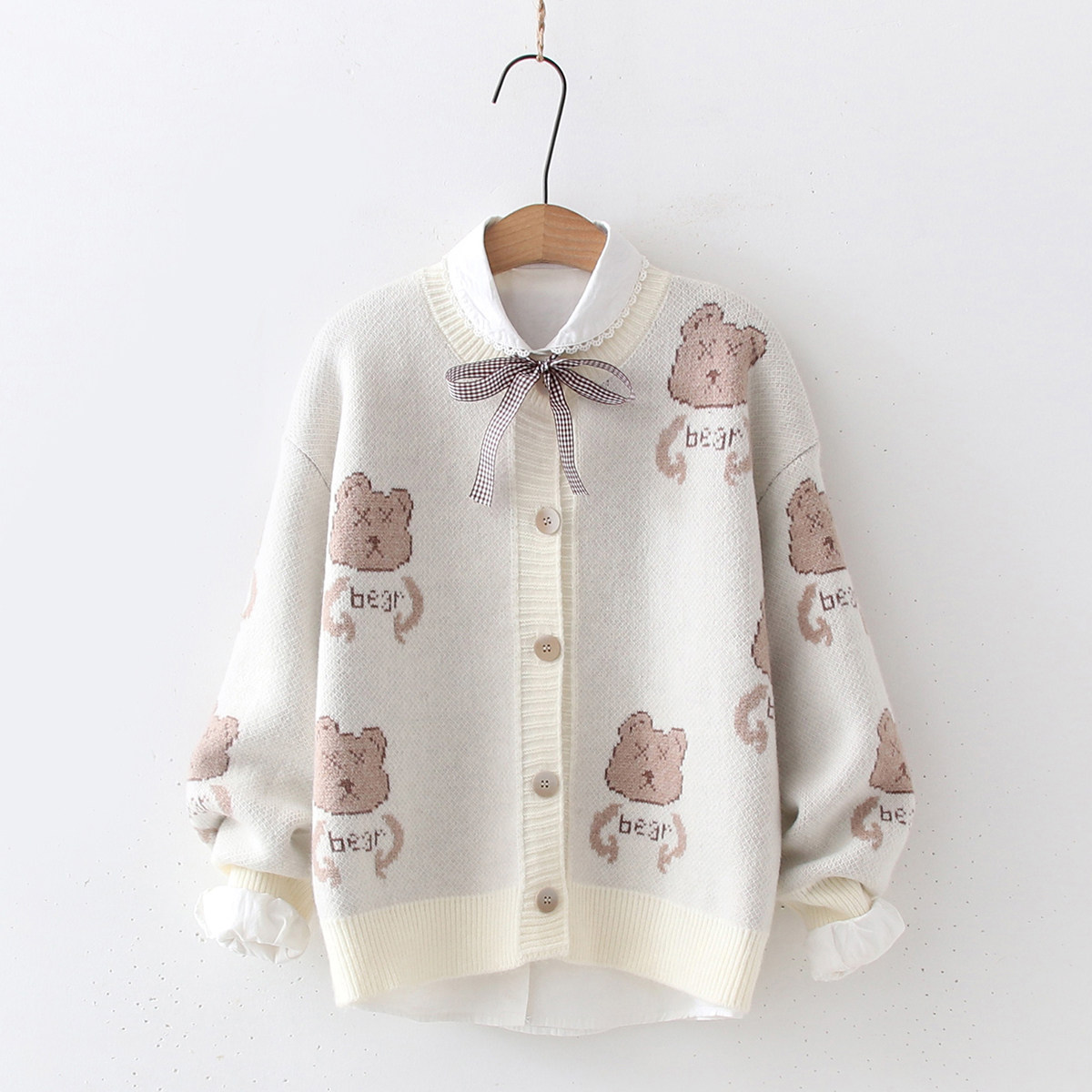 日系森女学院风童趣可爱小熊字母提花圆领针织开衫毛衣外套女学生